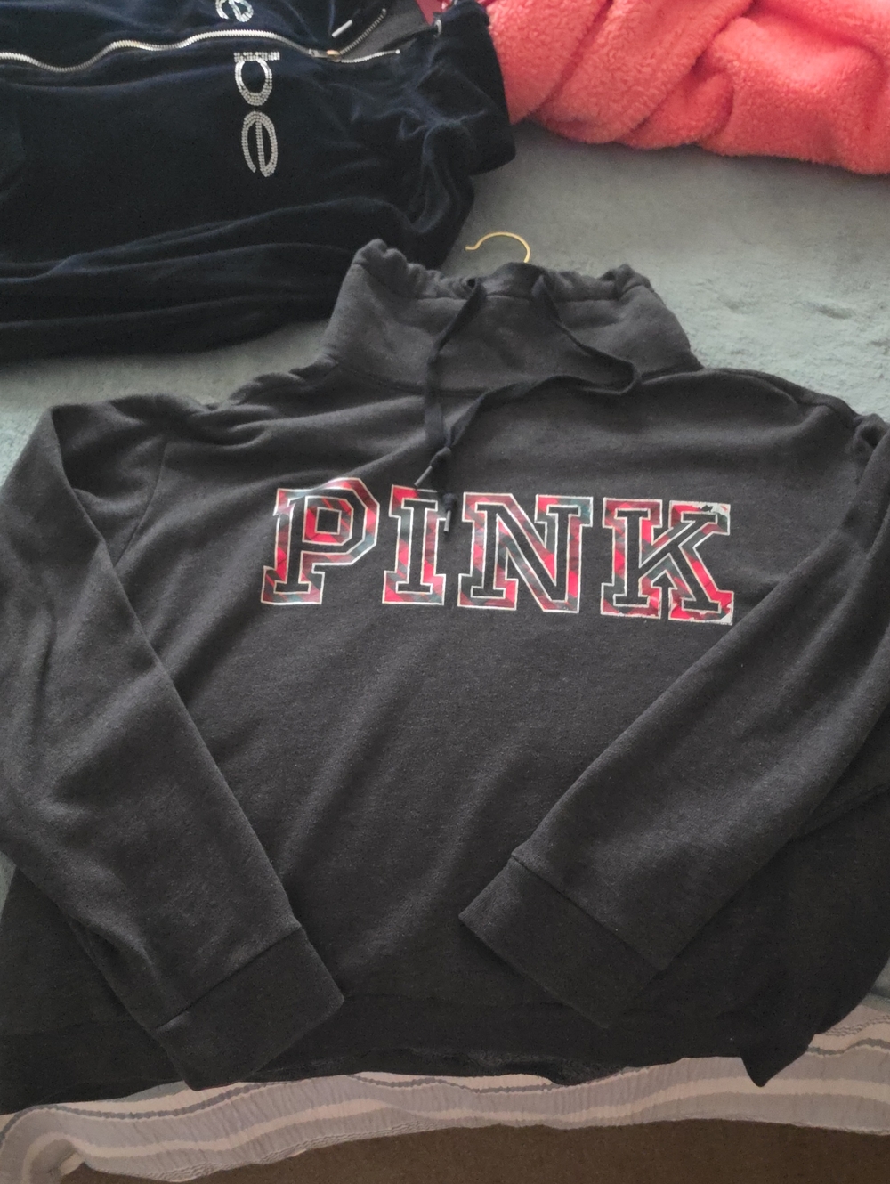 PINK Victoria's Secret Black Pullover Hoodie with Red-Trim Logo